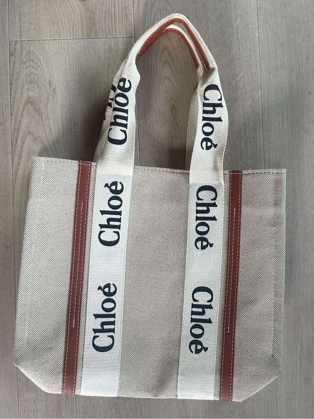 Chloé Canvas Tote with Brown Trim and Logo Straps